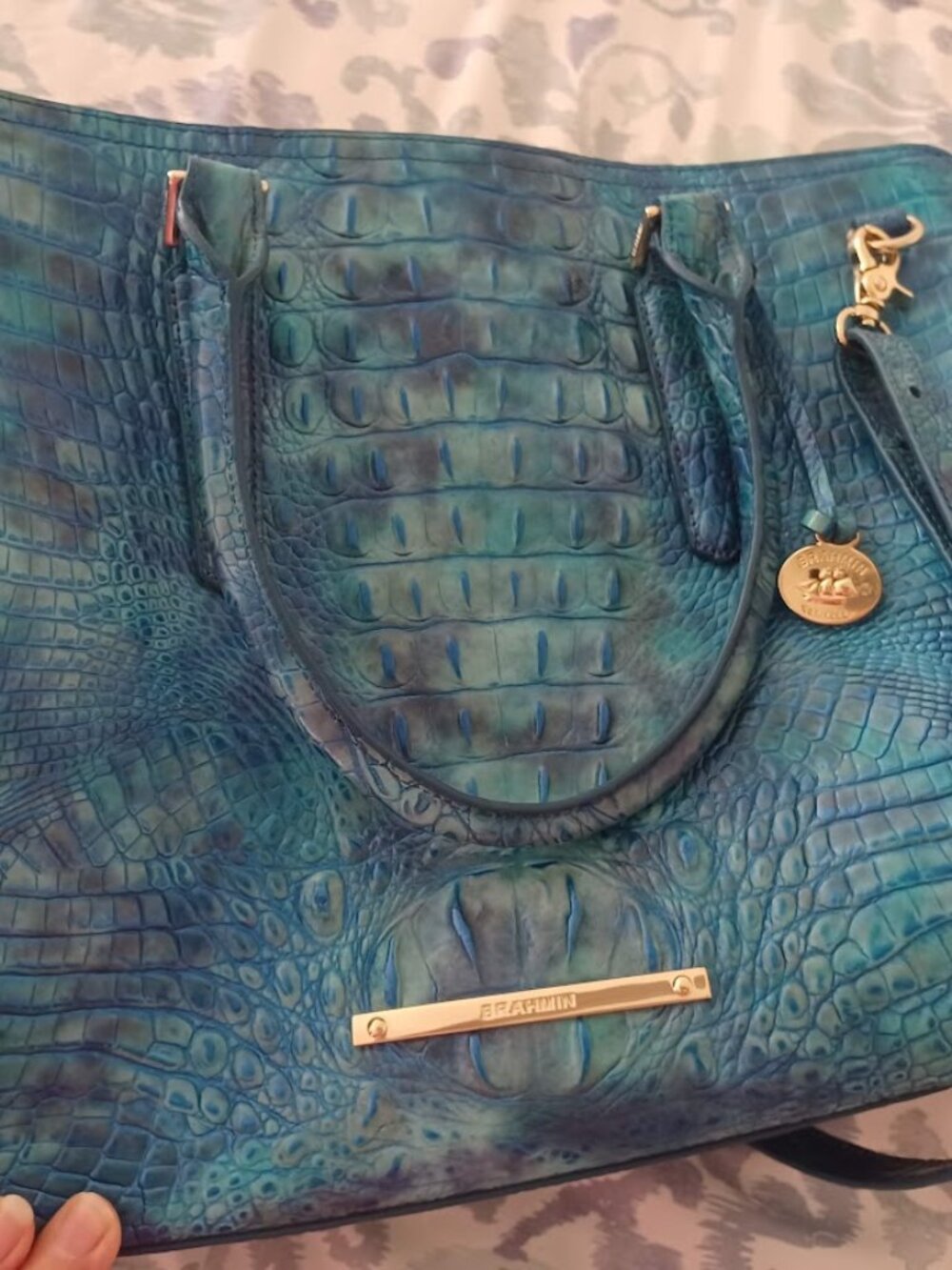 Brahmin Large Duxbury Satchel Teal Blue Purple Ombre Croc Leather Handbag